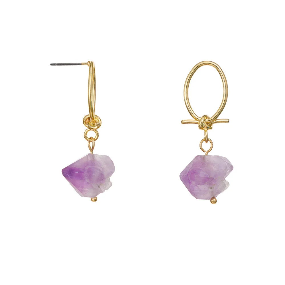 2023 ins jewelry Amethyst quartz rose quartz Raw Hoop Earrings Genuine Rough Gemstone chips Crystal Healing earrings