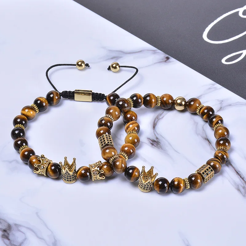 2Pcs/Set Elastic Natural 8mm Tiger Eye Stone CZ Crown Charm Bracelet Adjustable Tiger Eye Stone Black Zircon Crown Bracelet