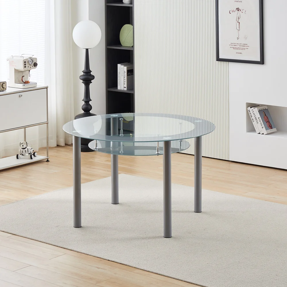 Round Glass Grey Kitchen Dining Table With Storage Shelf And 4 Grey Metal Chairs