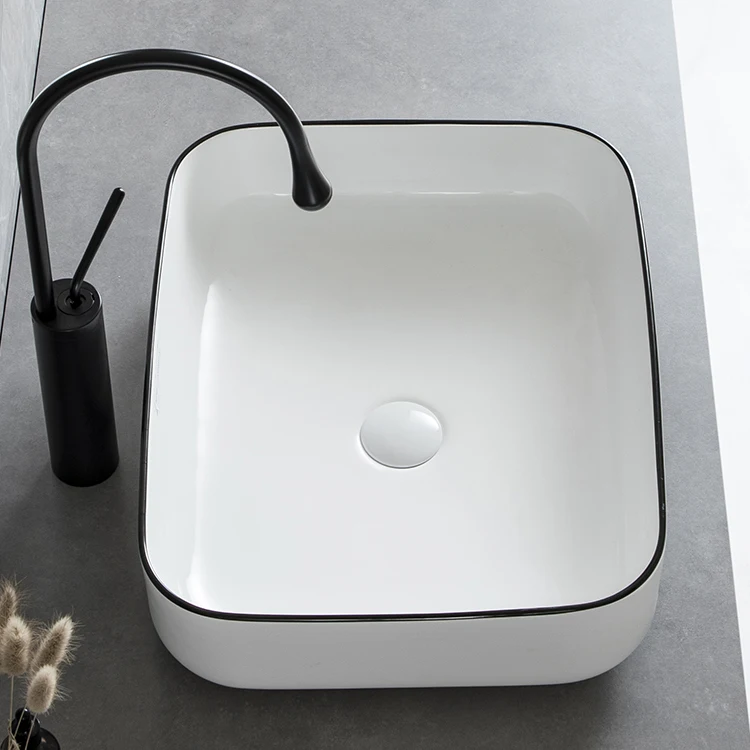 China Manufacturer Chaozhou Sanitary Ware Ceramic Hotel Rectangular Black Line Design Art Wash Basin