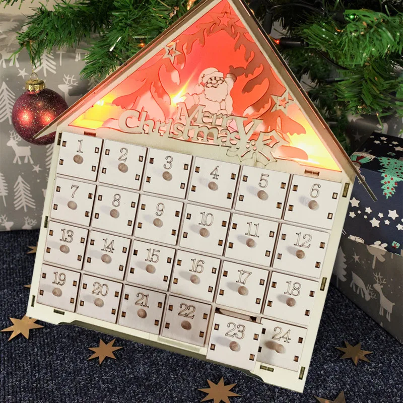 Creative LED Rotating Music 24 Countdown Christmas Calendar Drawer Calendar Wooden House  Christmas Decor