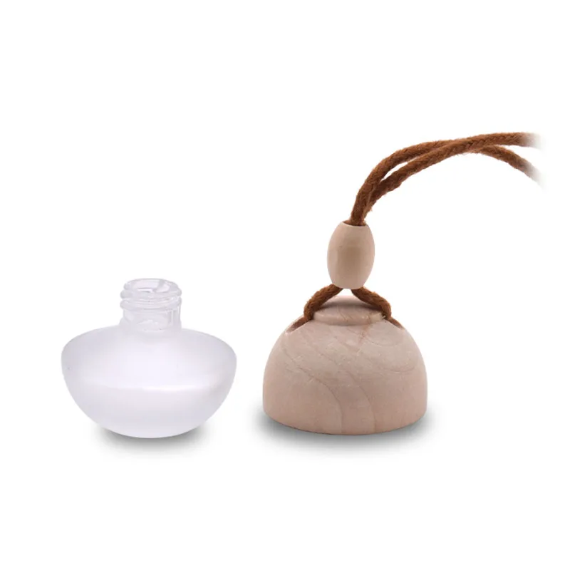 Mini cute glass wooden cap 5ml ball shape hanging car perfume bottle for car air fresh