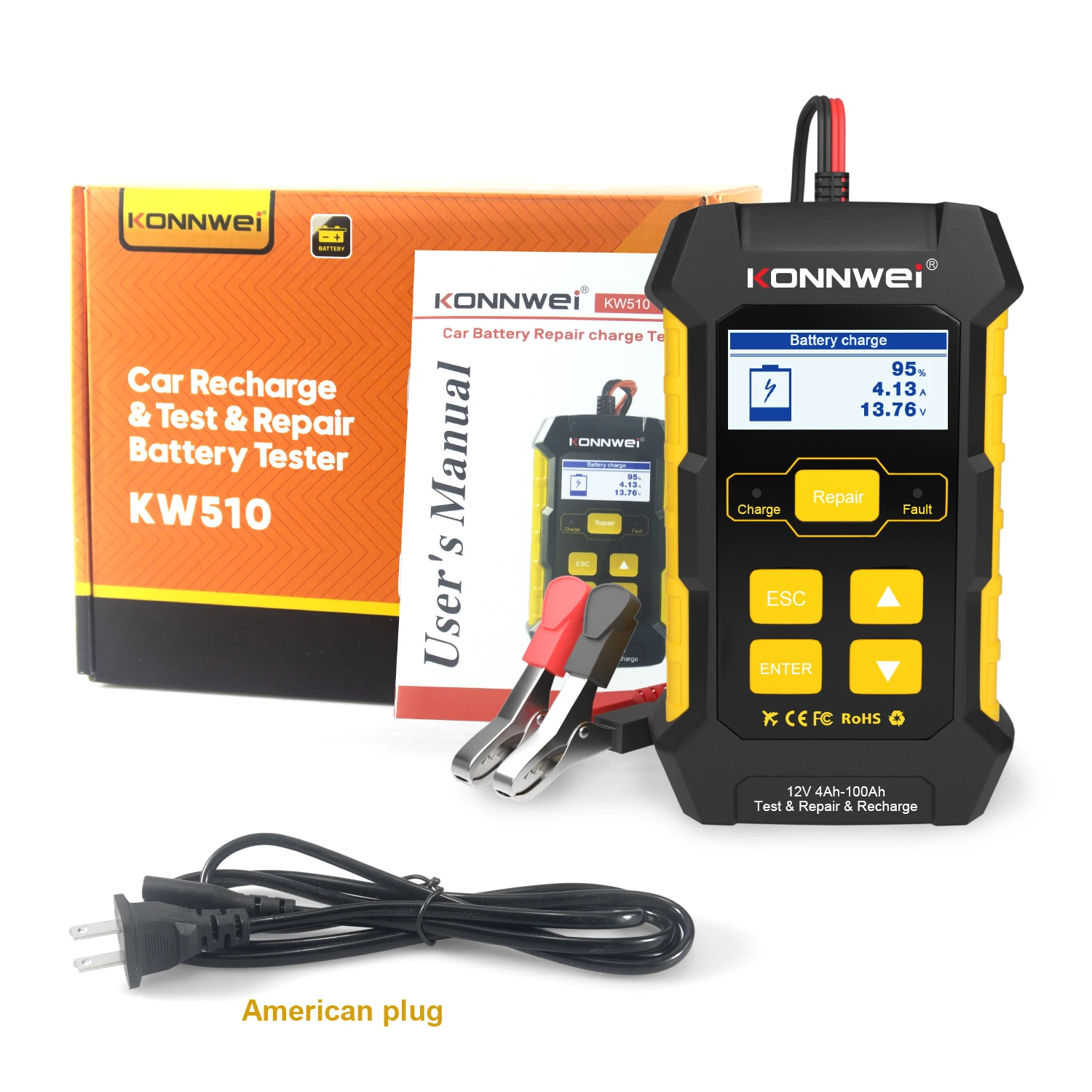 Тестер автомобильного аккумулятора Konnwei KW510 12 В, универсальный инструмент для ремонта свинцово-кислотных аккумуляторов автомобиля с американской розеткой