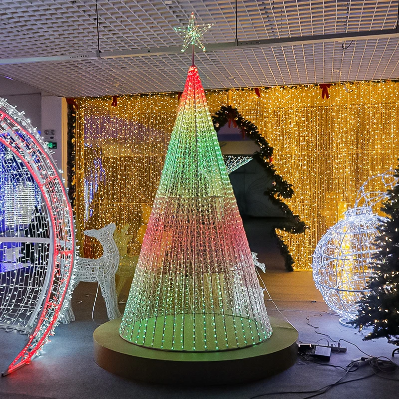 newest style metal frame RGB PVC 3d cone big giant large artificial hanging tree motif  light for Christmas decoration