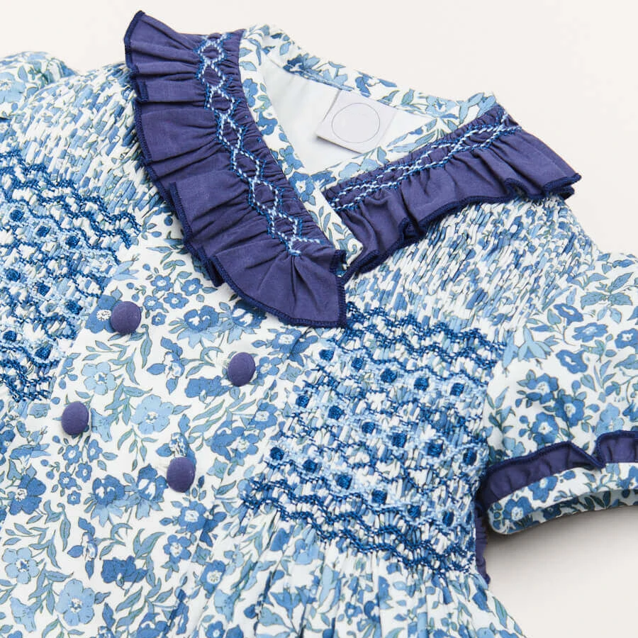 Custom Vintage Cotton Floral Print Spain Children Dresses 100% Cotton Baby Girl Casual Hand Smocked Dress