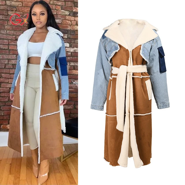 GX34374 Women Jean Wool Jacket Patchwork Cropped Cardigan Hoodie Trench Coat Women Winter Jean Jacket with Fur