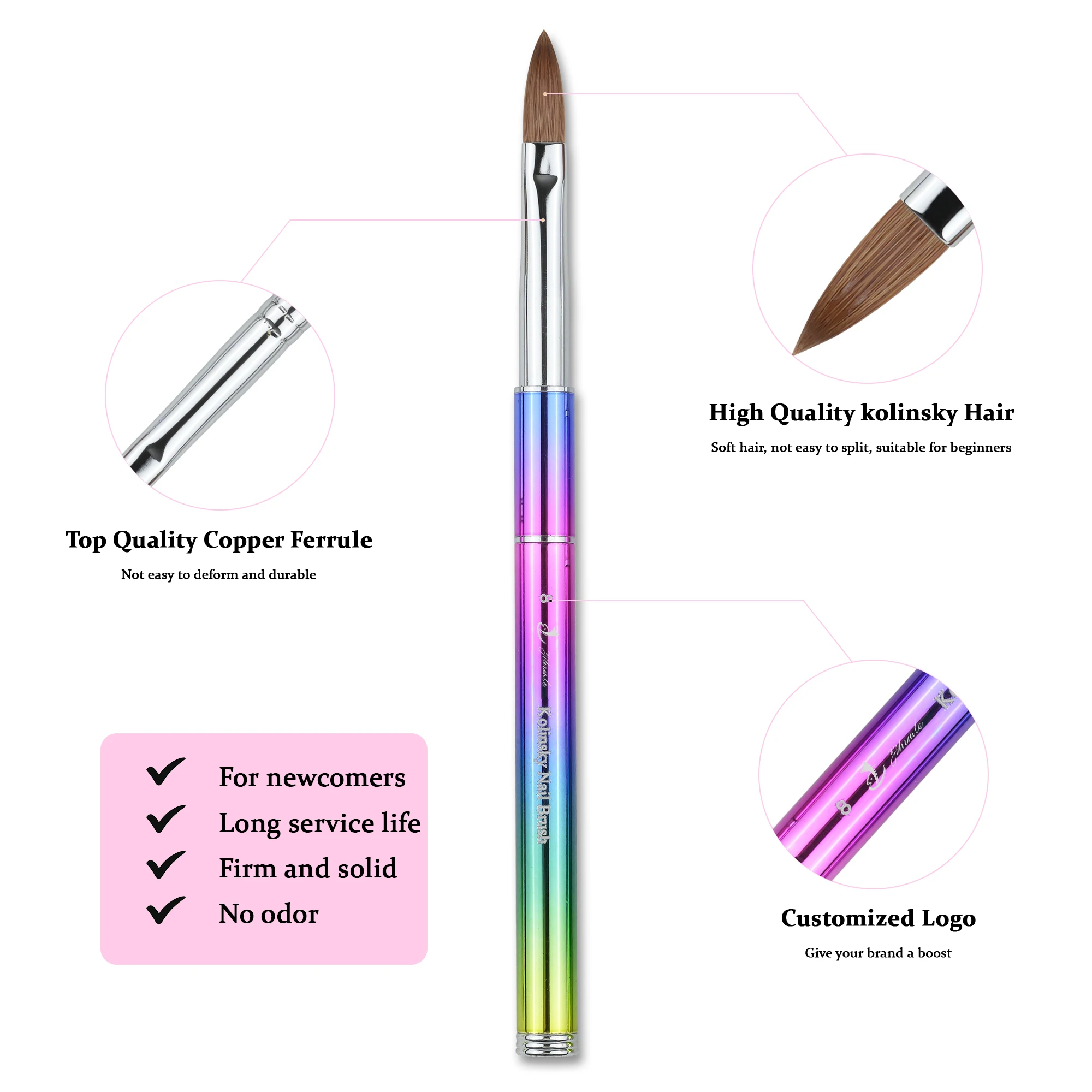 Private Label Custom Gradients Rainbow Metal Nail Brush Nail Art Painting Pen 100% Pure Kolinsky Hair Acrylic Nail Brush Set