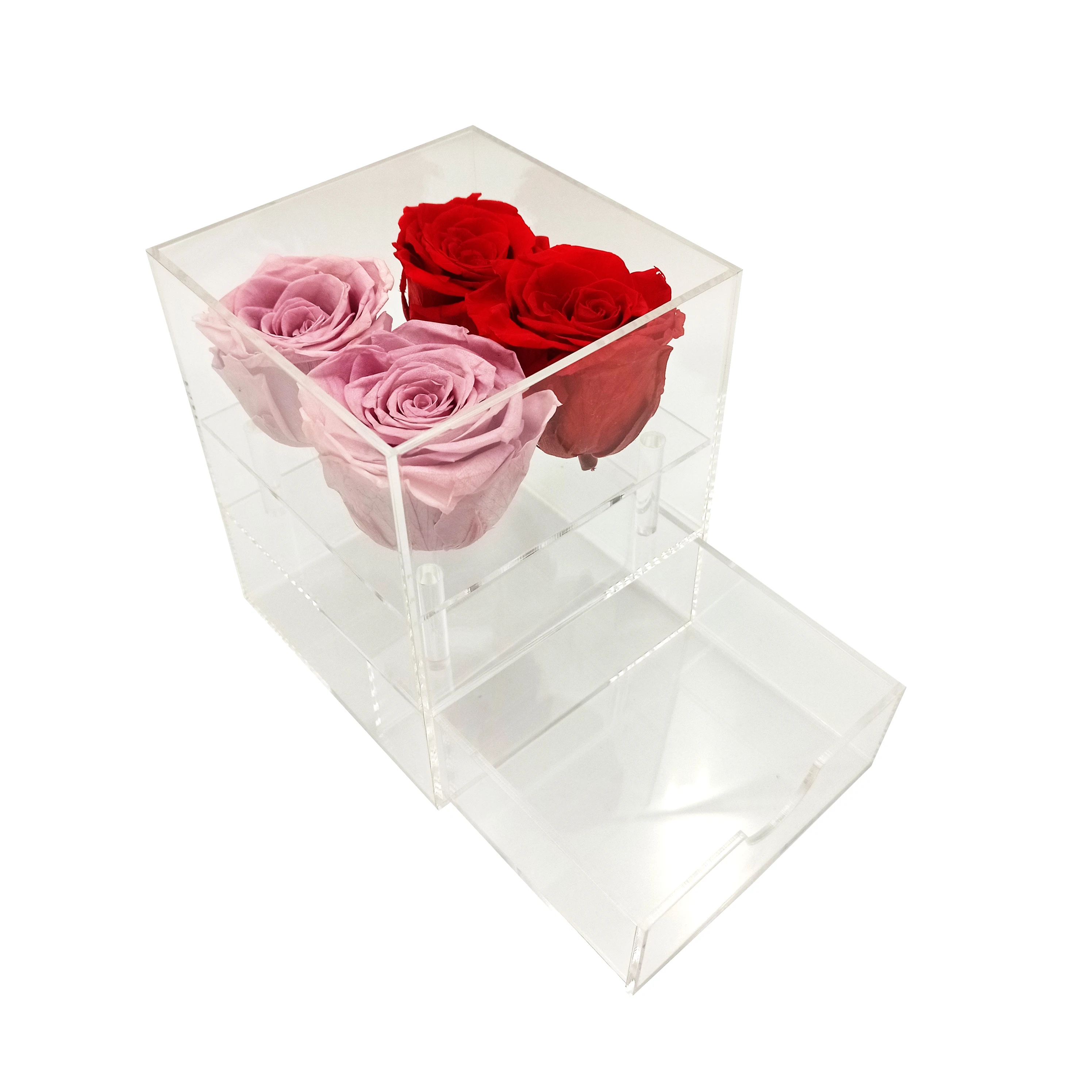 Custom Square Everlasting Rose Gift Box Modern Novel Design Transparent Luxury Acrylic Rose Flower Box With Drawer