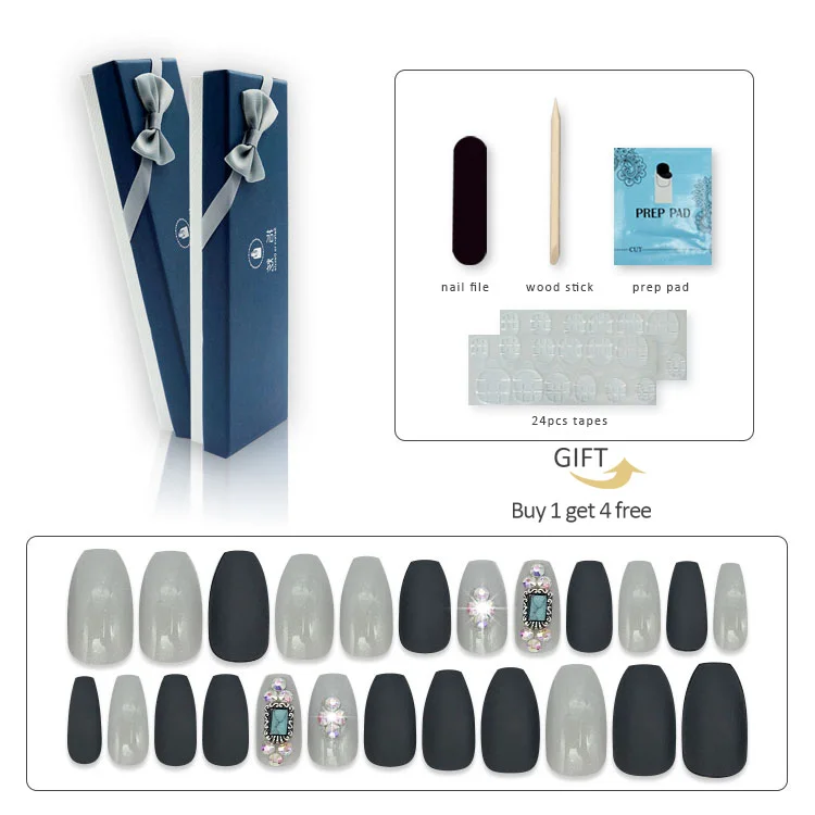 NEWAIR 24pcs/box luxury decorative jewel nails coffin shape glued artificial nail full cover pre glued nails color