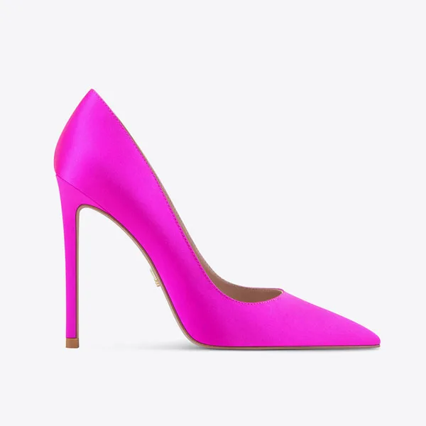 Popular professional custom shoes neon pink satin sharp thin heel elegant shoes women pumps