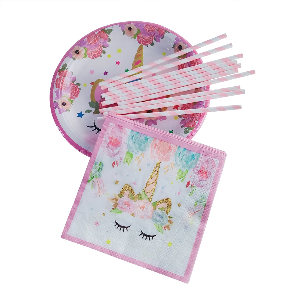 Magical  Unicorn Party decorations Supplies Serve Happy Birthday Banner Hats Plates Table Cloth