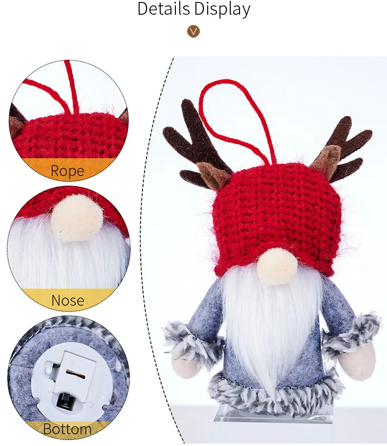 Christmas Tree Ornament Creative Cute Knitted Antler Hat Rudolph Doll With LED Light Hanging Gnomes Holiday Decoration Pendant