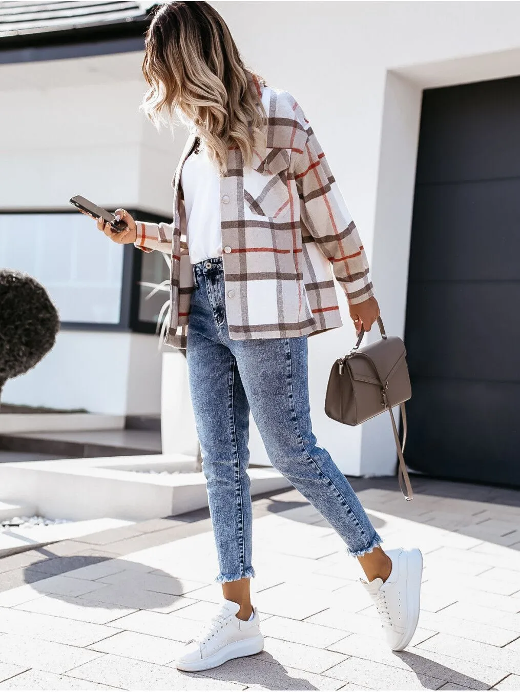 
Women Clothing Casual Gray Oversized Plaid Blouse Checkered Flap Women Coat Jacket 