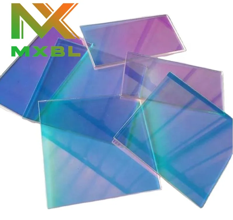 Mei Xin Glass Manufacturer Dichroic Glass 6mm Iridescent Color Coating Glass Panel in Blue Purple  Green for Custom