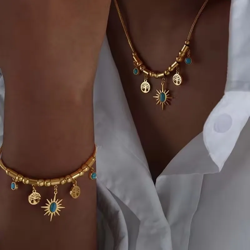 Vintage Stainless Steel 18k Gold Plated Sun Pendant Turquoise Charm Necklace For Women Retro Jewelry