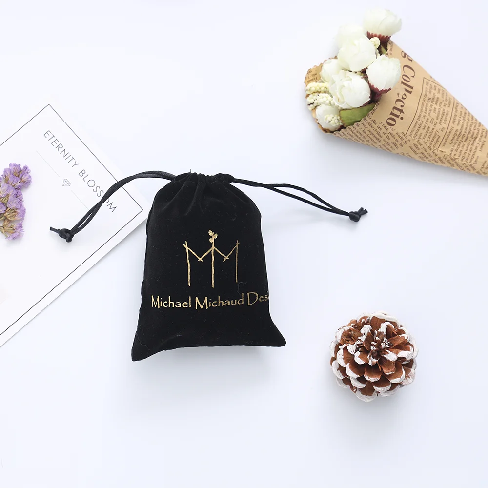 Hot Sale Wholesale Bronzing Logo Small Storage Bag Black Gift Jewelry Velvet Drawstring Pouch