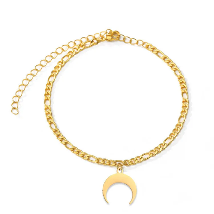 
SP Hot Selling Figaro Cuban Chain Anklet Moon Charm 18K Gold Stainless Steel Anklet  (1600109623236)