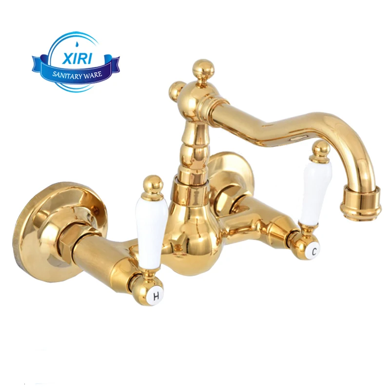 Luxury Gold Wall Mounted Basin Faucet Brass Mixer Tap Hot And Cold Water Double Ceramic Handle CF0827