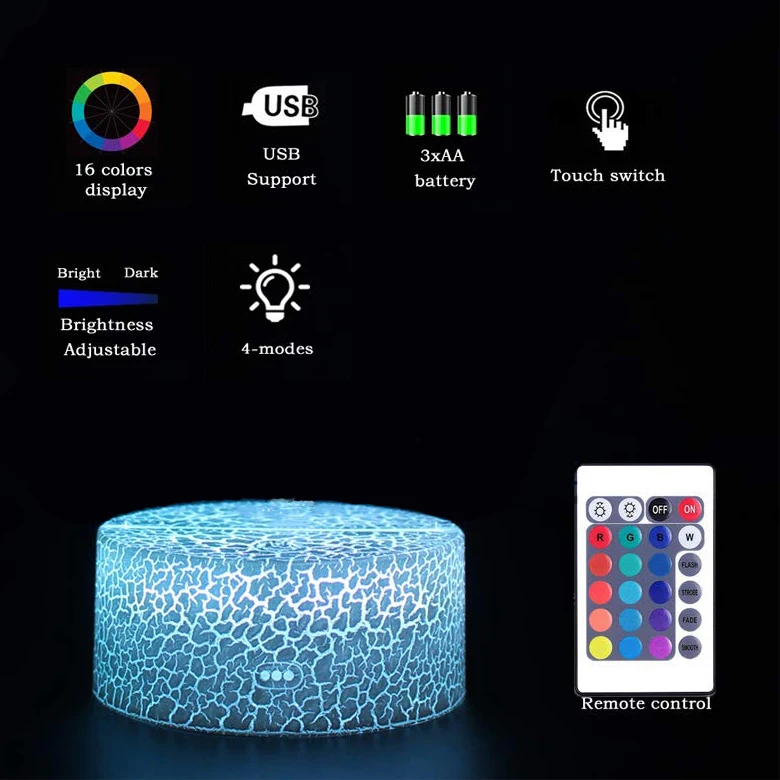 16 colors changeable creative 3D illusion night light crack base led lamp base