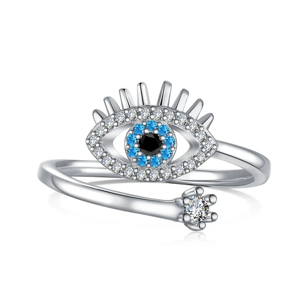 Popular Wholesale 925 Sterling Silver Fine Jewelry 18K Gold Plated Zircon Pave Blue Evil Eye Rings Adjustable