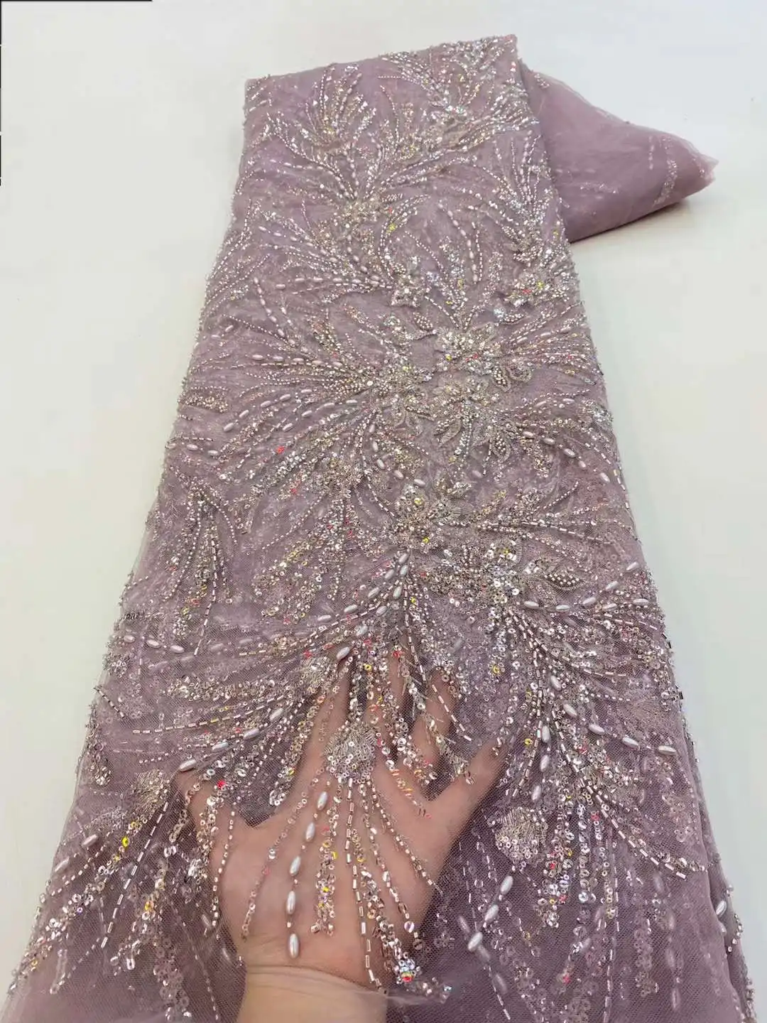 Nigerian lilac purple diamond embroidery lace fabric
