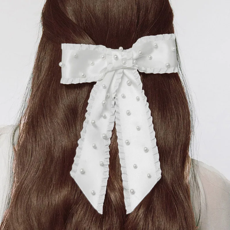 White Christmas Valentine Knot Bow Pearl Back to School Bows for Hair Girls Single-layer Long-tail Nail Pearl Ruffle Bow Hairpin