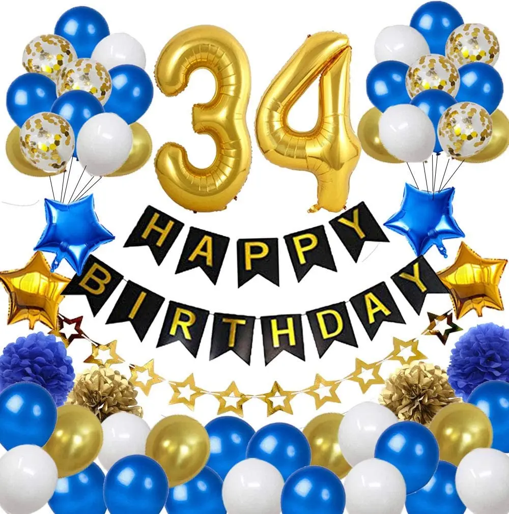 Birthday Party Decor White Blue Gold Metallic Balloons Set Happy Birthday Banner Paper Honeycomb Balls Number 34 Balloons