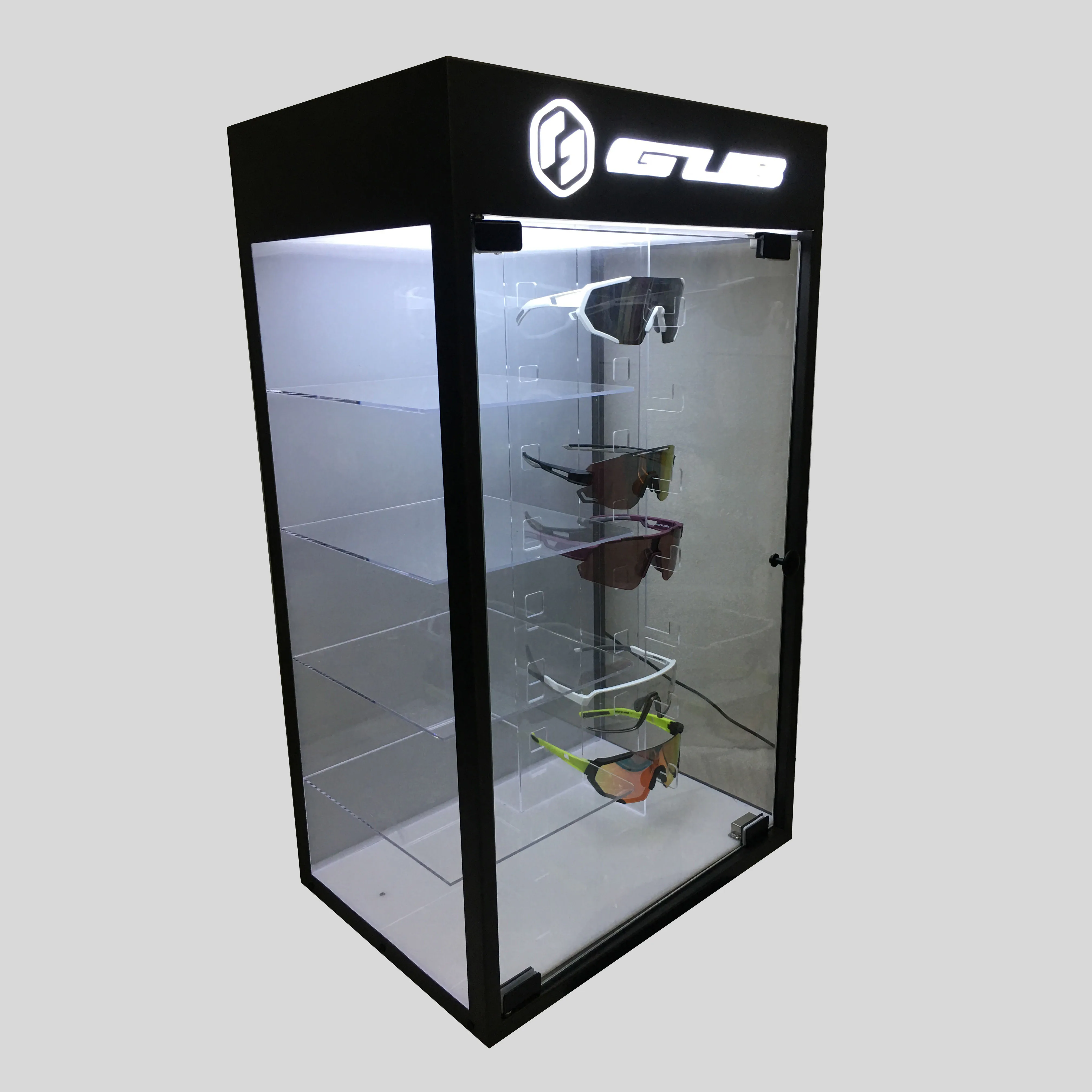 Glasses display stand acrylic plug metal display racks  4 tiers glasses shelf floor stand with LED light for retail shop