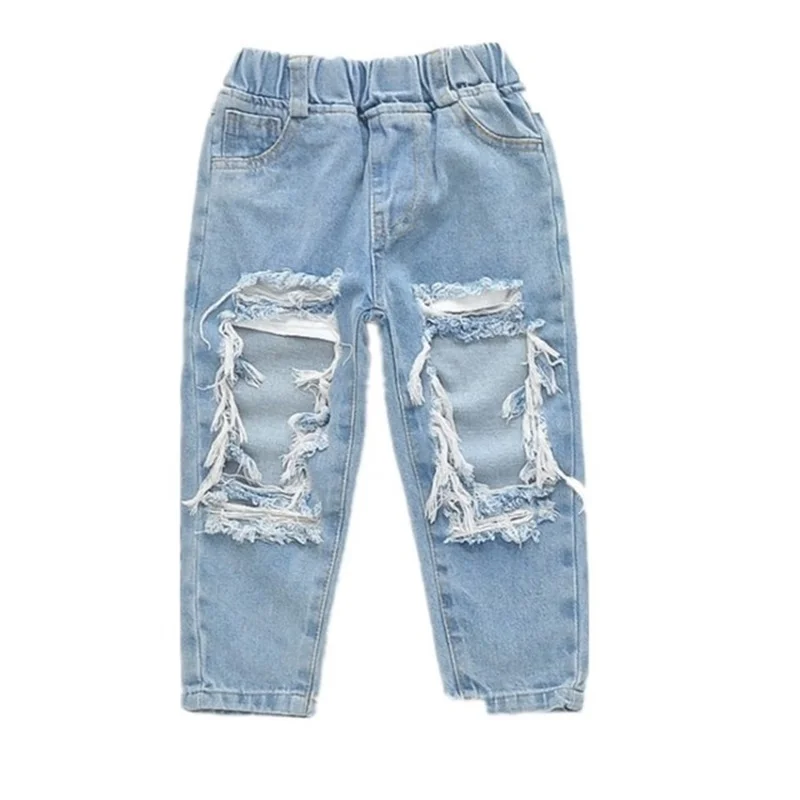 
2021 Fashion 80-130cm Kids Girl Denim Jeans Pant Custom Baggy Ripped Child Trousers 