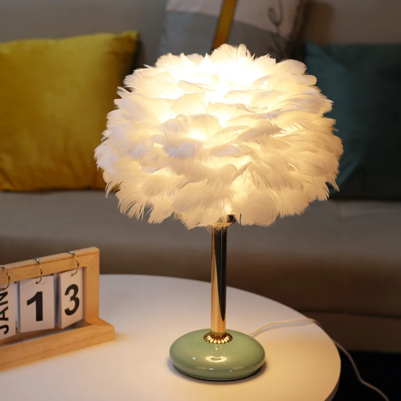 Nordic creative girl dream ceramic lamp warm feather bedside lamp table lamp bedroom, one piece generation