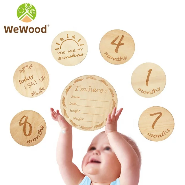 Custom Round Age Monthly Memory Card Double Sided Wooden Baby Newborn Milestone Cards