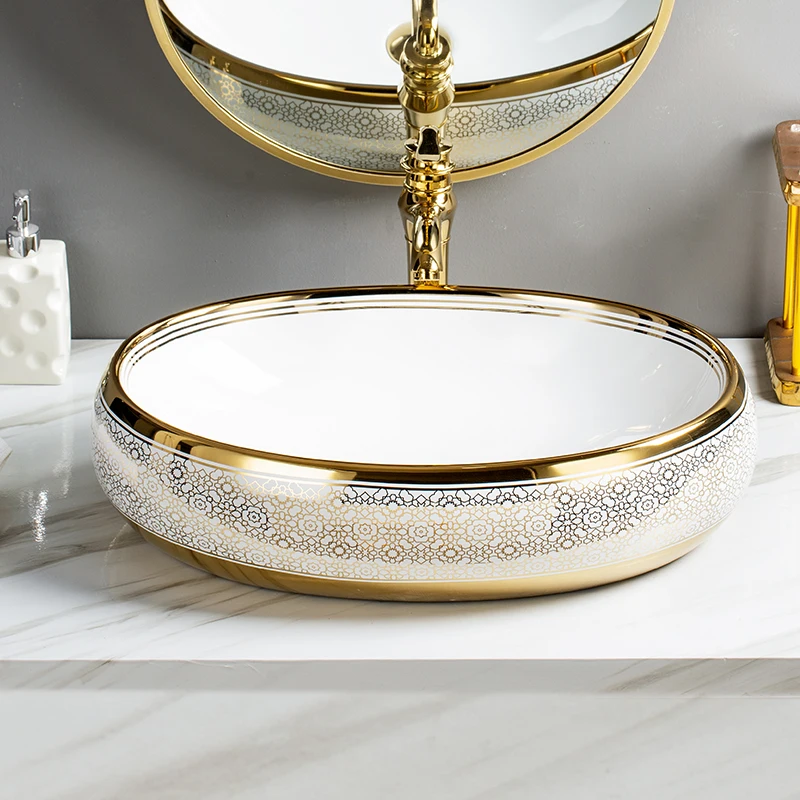 Luxury lavabo golden sink ceramic oval sink art basin gold electroplated washbasin for bathroom
