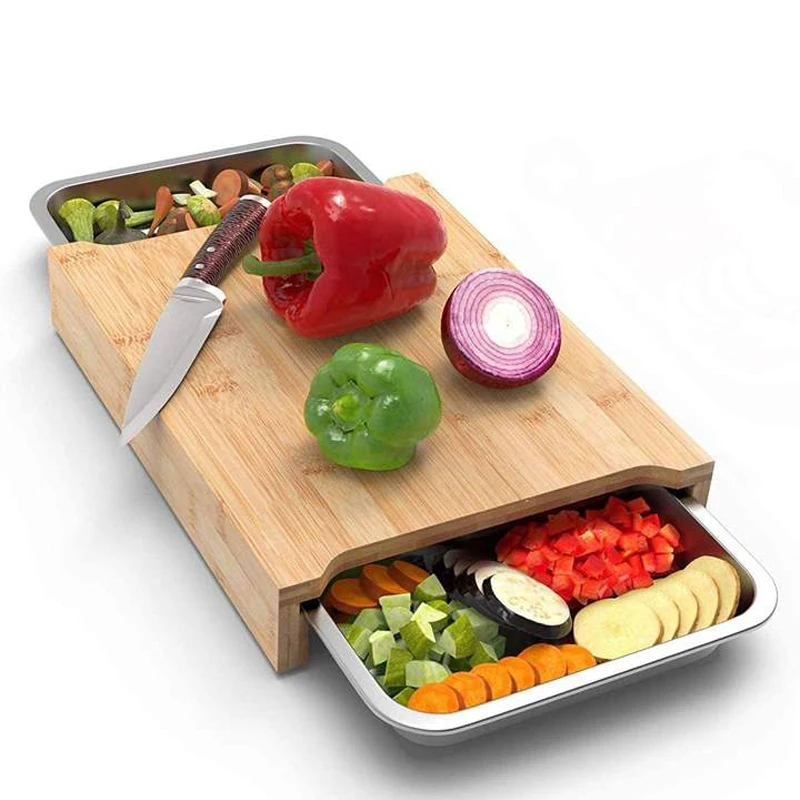sublimation bamboo Cutting Board with Juice Groove 2 Piece Stainless Steel drip Tray chopping board with drawer Non-Slip Feet