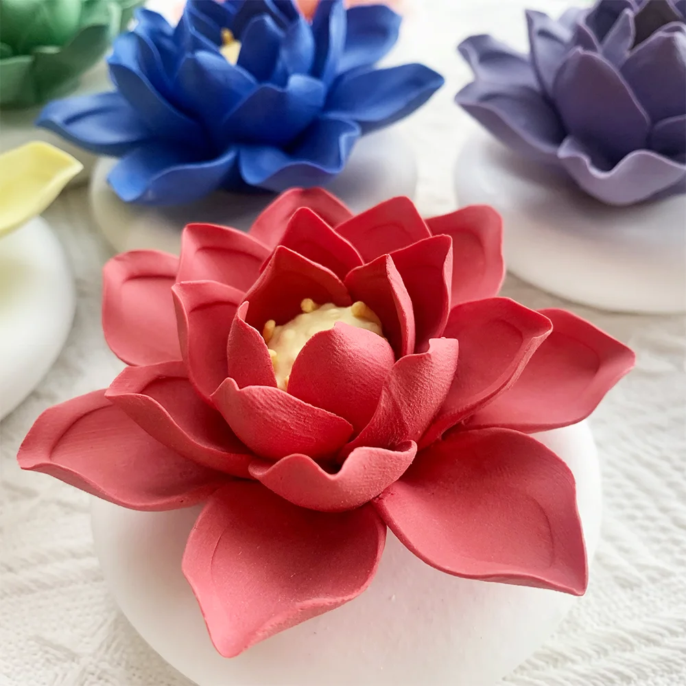 High quality blue lotus flower shape ceramic aroma stone diffuser with wooden base
