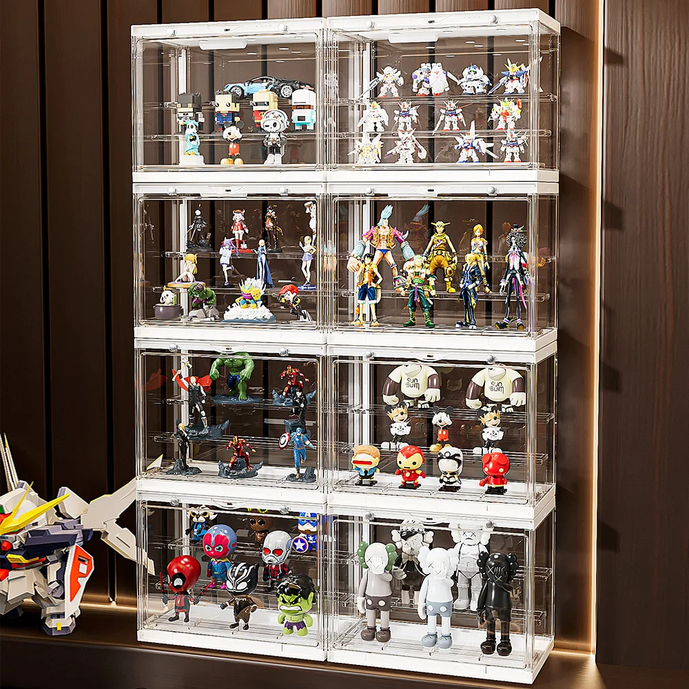 Lighting Clear Acrylic Display Case for Lego Minifigure, Action Figure with Shelf Collectibles Storage Assemble Showcase