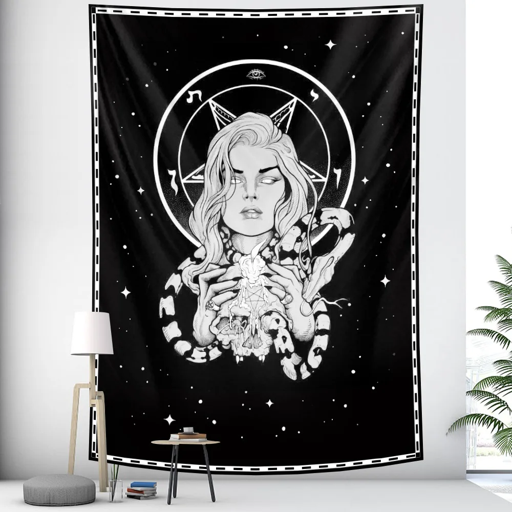 60X80n Inches Black And White Pray With Moon Star Gothic Witch Blessed And Snake Stone Tapestry Wall Hanging