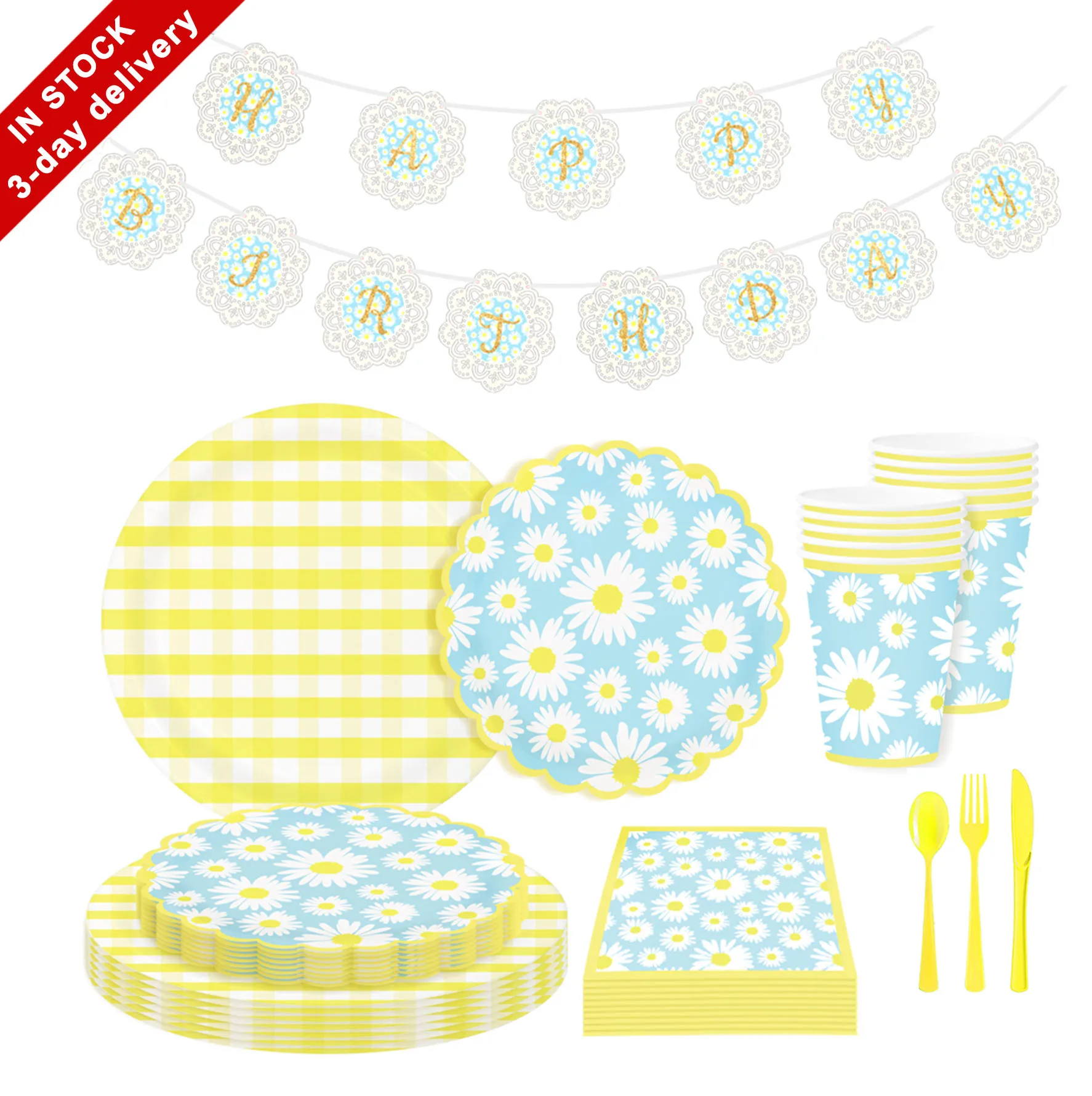 Бумажные тарелки Nicro с маргаритками, чашки, салфетки, столовая посуда, баннер на день рождения для маленьких девочек, принадлежности для летней вечеринки, набор посуды (1600289327565)