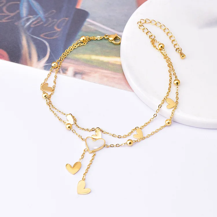 Korean Style Fringe Fritillaria Love Heart Anklet Double Layer Gold and Silver Anklet for Women 18K Gold