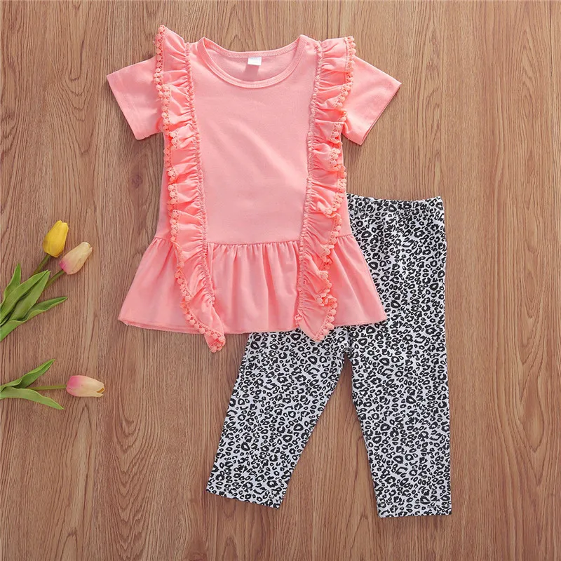3618 Summer Newborn Baby Girls Clothing Set Ruffled Short Sleeve Pink Top +Leopard Long Pants Outfits Clothes Set