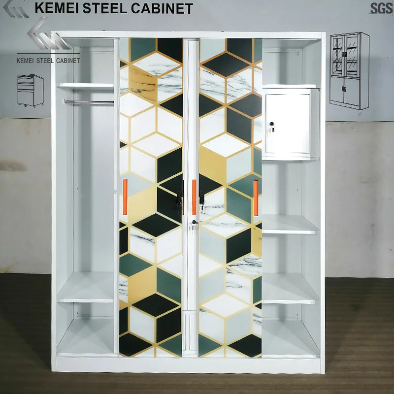 Home Baby bedroom iron 4 door steel almirah wardrobe printing pattern sliding door metal wardrobe