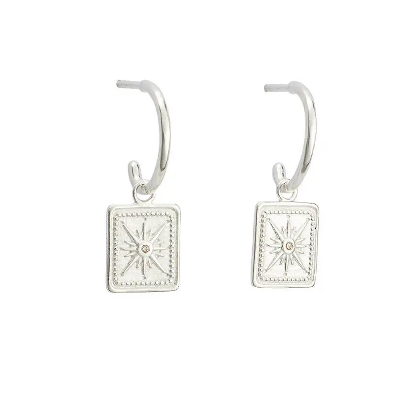 New Trend 925 Sterling Silver 18K Gold Plated Zircon Setting Sun Square Geometric Coin Drop Dangle Stud Earrings