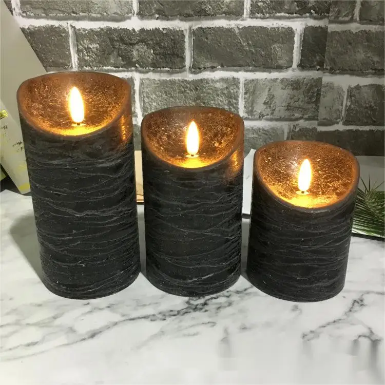 Electric Wickless Pillar Battery Operated Flickering Timer Set of 3 Realistic Flameless Black LED Candles with Remote Control
