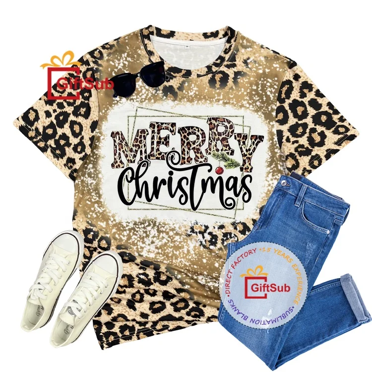 Hot Sale Christmas Design Custom Print T-shirt American Unisex Size 100 Polyester Bleach Shirt Sublimation Faux Bleached T-shirt