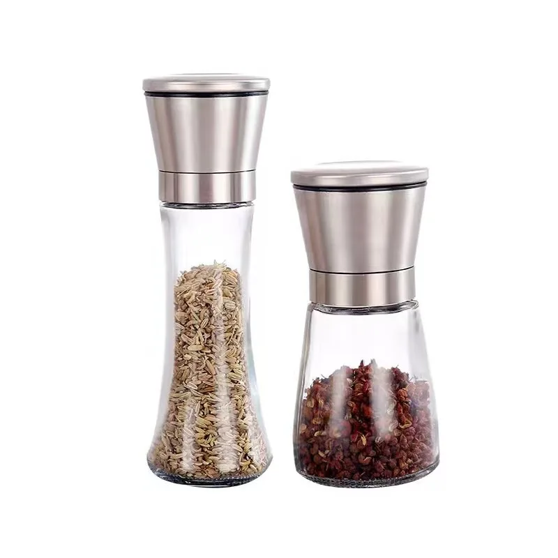 Premium Pepper Mill Grinders Stainless Steel Glass Round Body Salt And Pepper Grinder Set Wood
