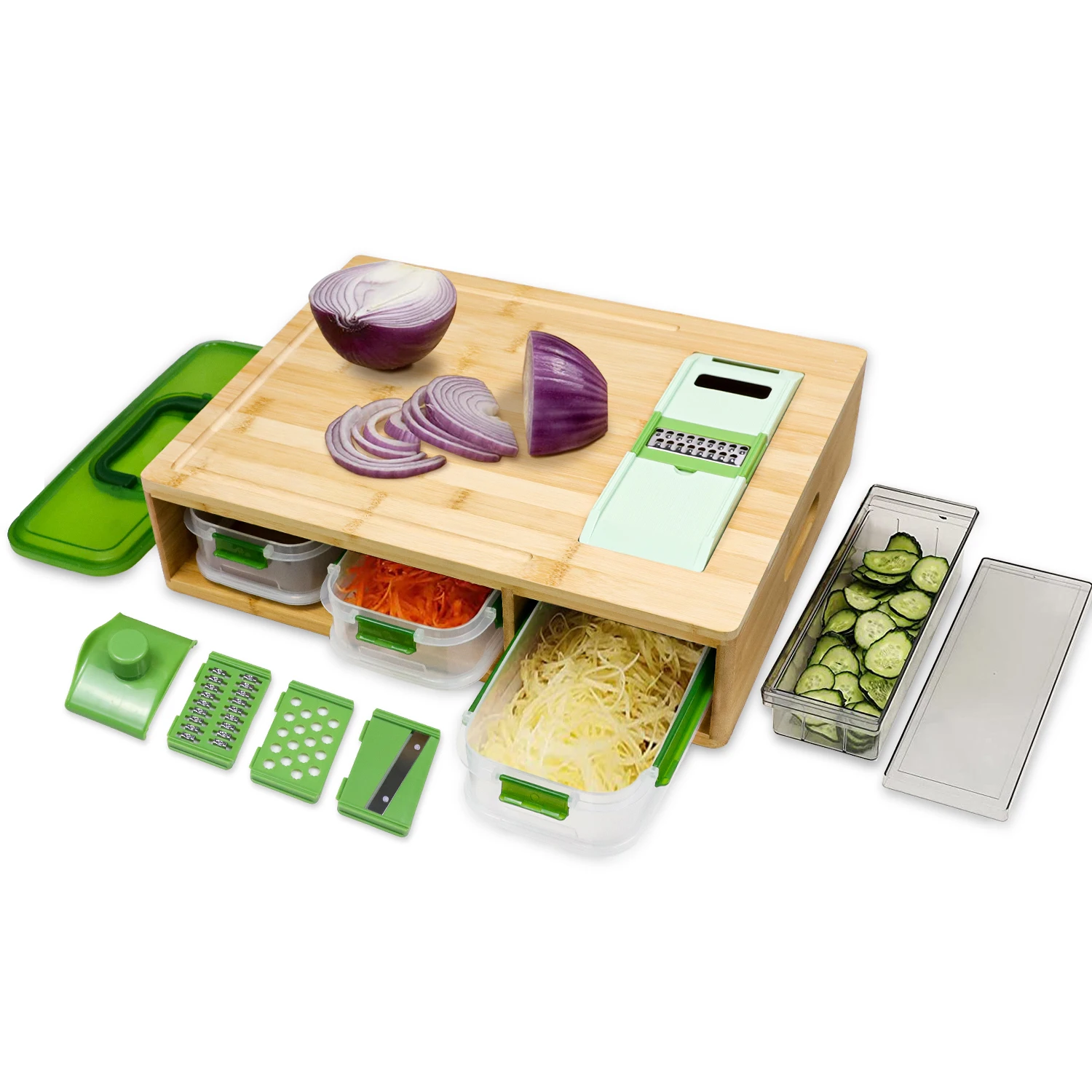 Large Bamboo Cutting Chopping Board with Containers and 4 Pcs Vegetable Slicers & Garters Cutting Boards for Kitchen with Holder