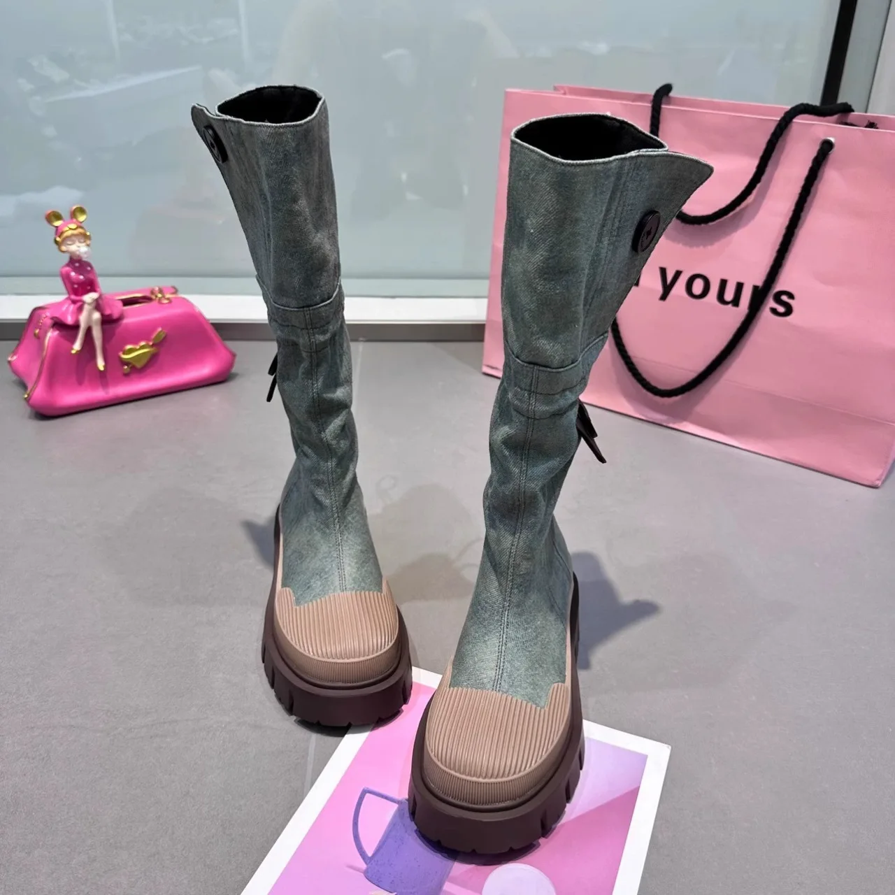 PDEP  denim boots women shoes 2023  New Canvas Thick Sole Round Head Comfortable ladies knee high long boots