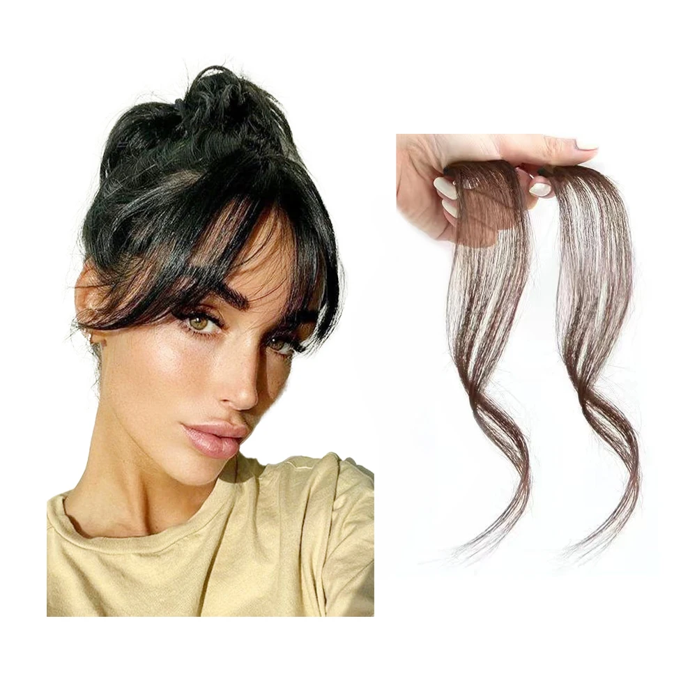 Shinein Natural Brown Blunt Cut Clip in Extension Bangs Wispy Curved 3D Air Hair Bangs Fringe with Temples Hairpieces