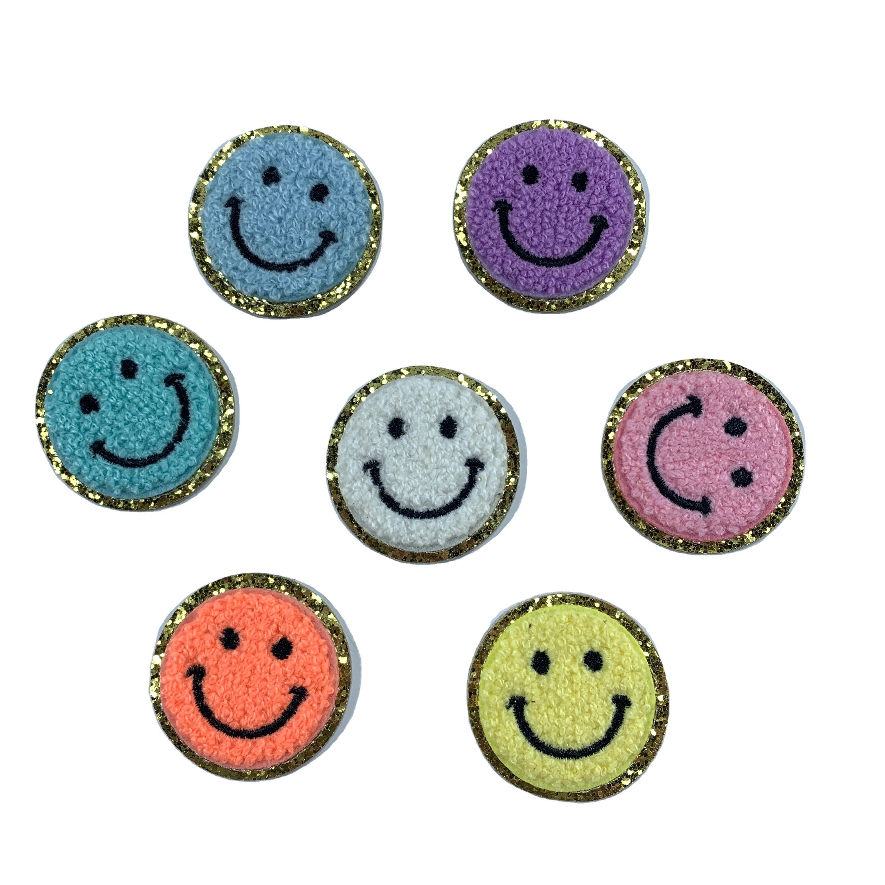High quality exquisite embroidery Rainbow Lighting Face Heart Star glitter chenille iron on bag applique patch for cosmetic bag