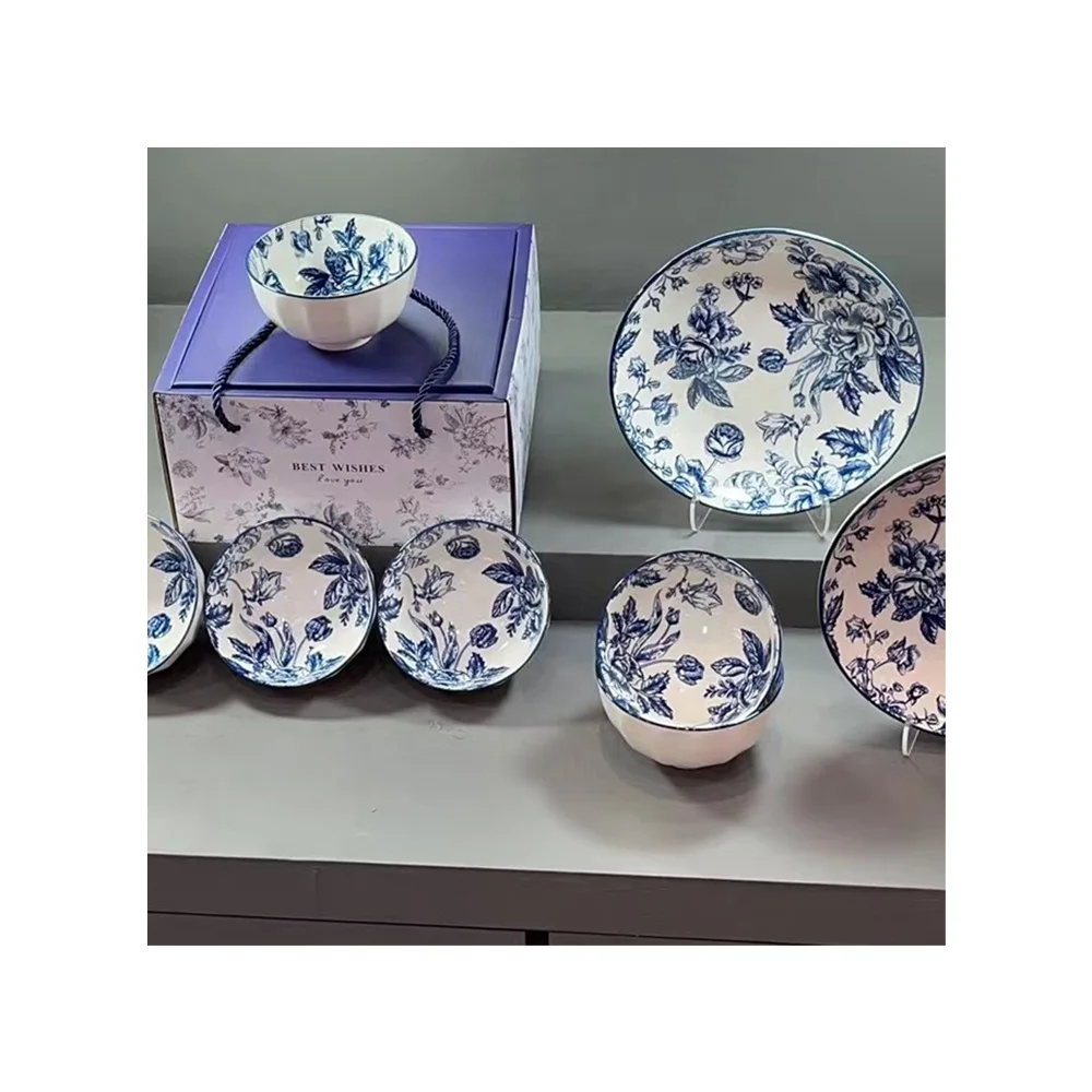 blooming flowers Blue and Red Festival ceramic dinnerware set  tableware coconut bowl  spoons plate business exquisite gift