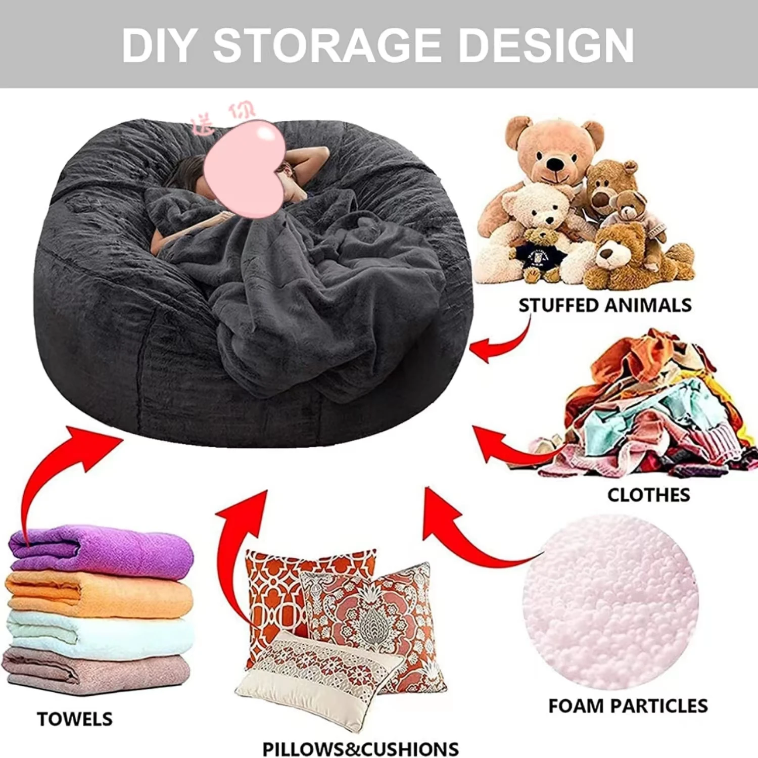 Free Sample Hot Sales 7ft Round Unstuffed Faux Fur Plush Soft Giant Big Large lazy Sofa Bed Bean Bag Sofa Cover for Living Room